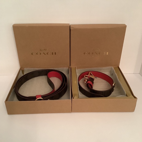 COACH Brown Signature Red Leather Dog Collar Leash Set Sz Small 9.5” - 11” NWT - Picture 1 of 8